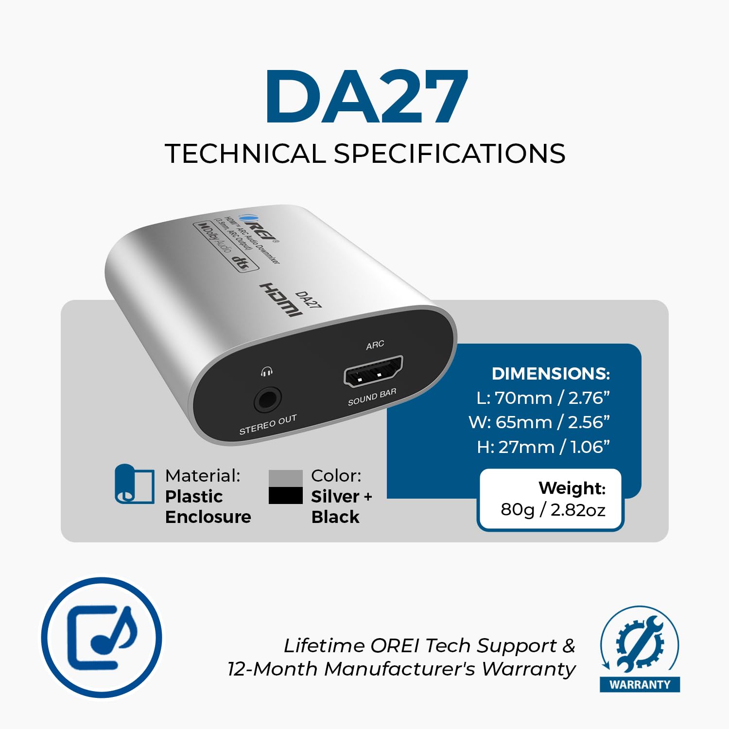 OREI DA27 HDMI ARC Extracteur audio et mélangeur descendant – Dolby DTS 5.1 vers convertisseur stéréo 2 canaux, HDMI ARC Pass-through, sortie analogique 3,5 mm, contrôle du volume CEC pour barre de