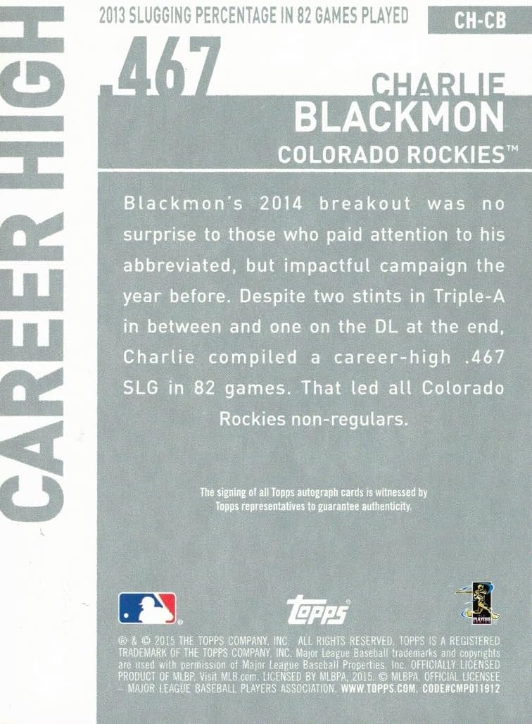 2015 Topps Career High Autographs #CH-CB Charlie Blackmon Certified Autograph Baseball Card