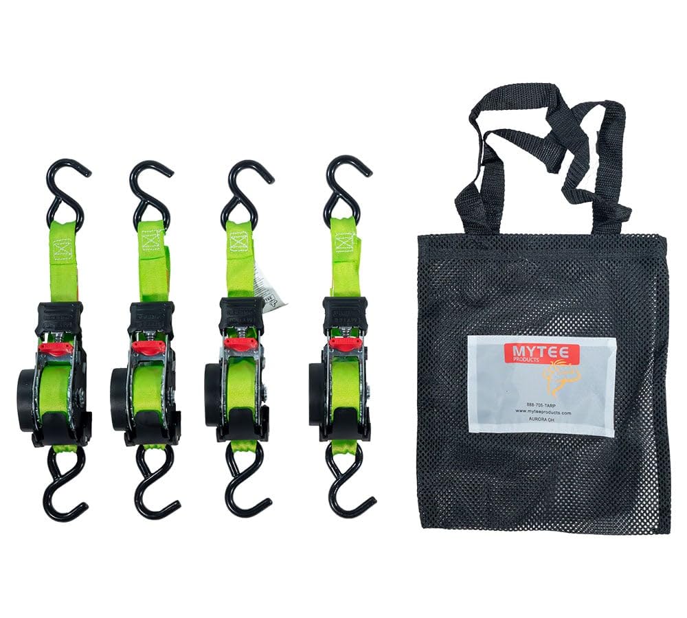 Mytee Products 4 Pack Retractable Ratchet Tie Down Straps w/S Hook - 1,500lb Break Strength Self Retracting Ratchet Straps for Haul Motorcycles, ATVs,