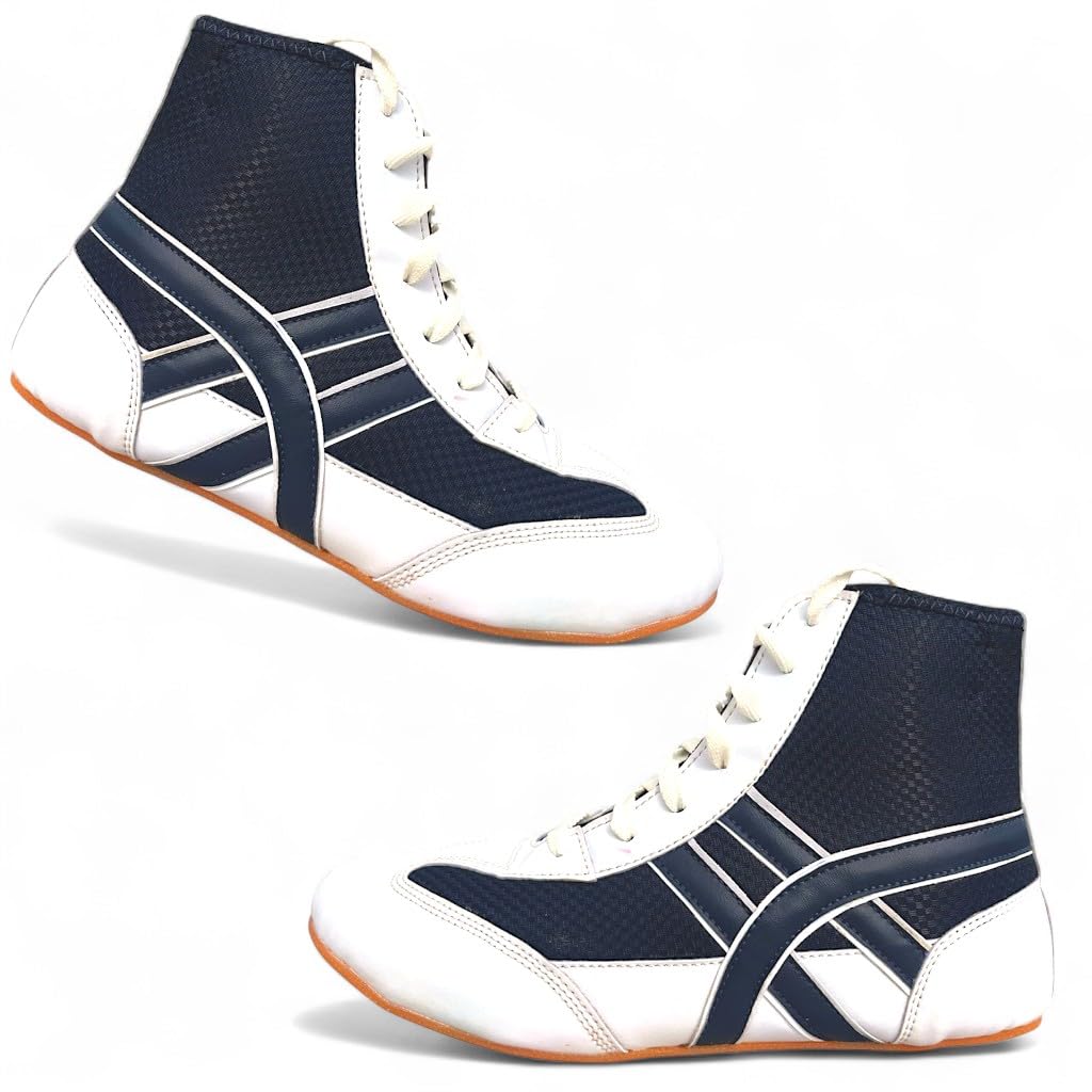 Kabaddi Mat Sports Shoes, White-Black, Polyurethane, Lightweight, Platform Style, for Kabaddi Boxing Wrestling, Mid Top Athletic