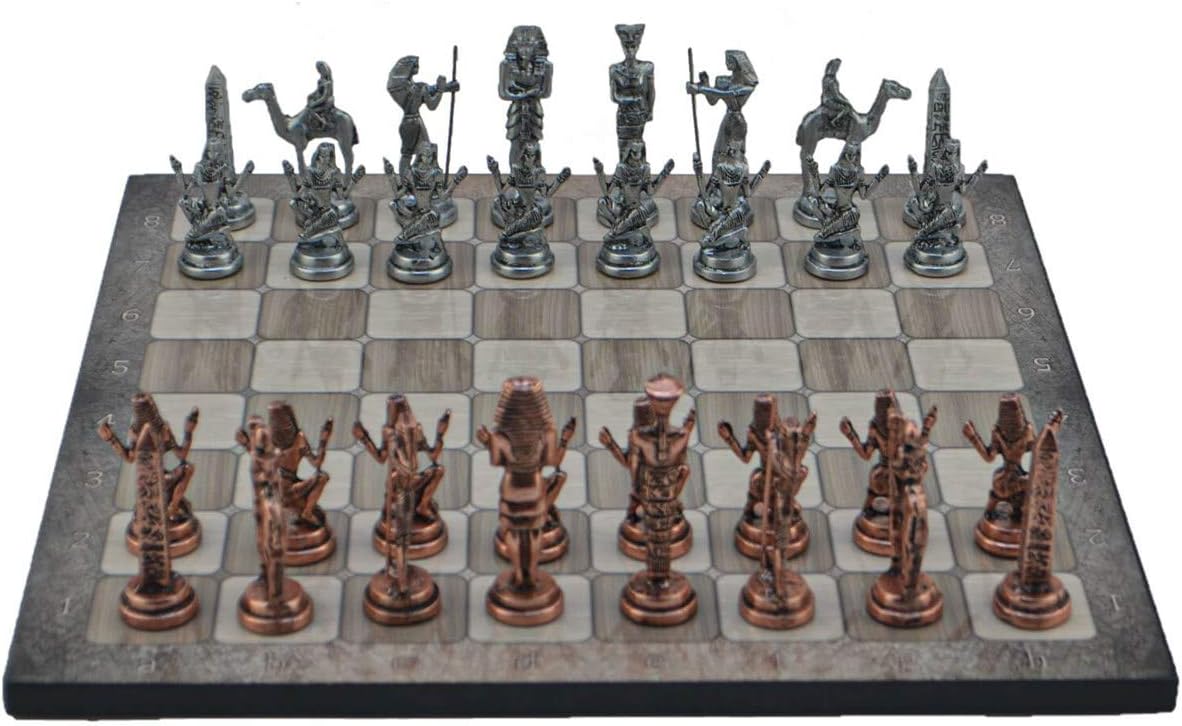 Metal Chess Set for Adults Ancient Egypt Pharaoh Antique Copper Figures,Handmade Pieces and Different Pattern Wooden Chess Board King 3.4 inc (Platin Oak)