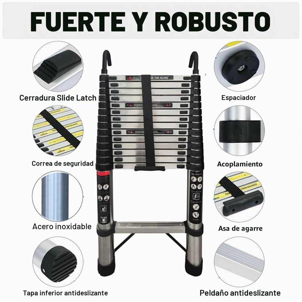 Escalera telescópica de acero inoxidable Rigogo de 5 m con 2 ganchos, escalera extensible antideslizante para ático, escalera de atraque, 14 peldaños, fácil de transportar, capacidad de carga de 150
