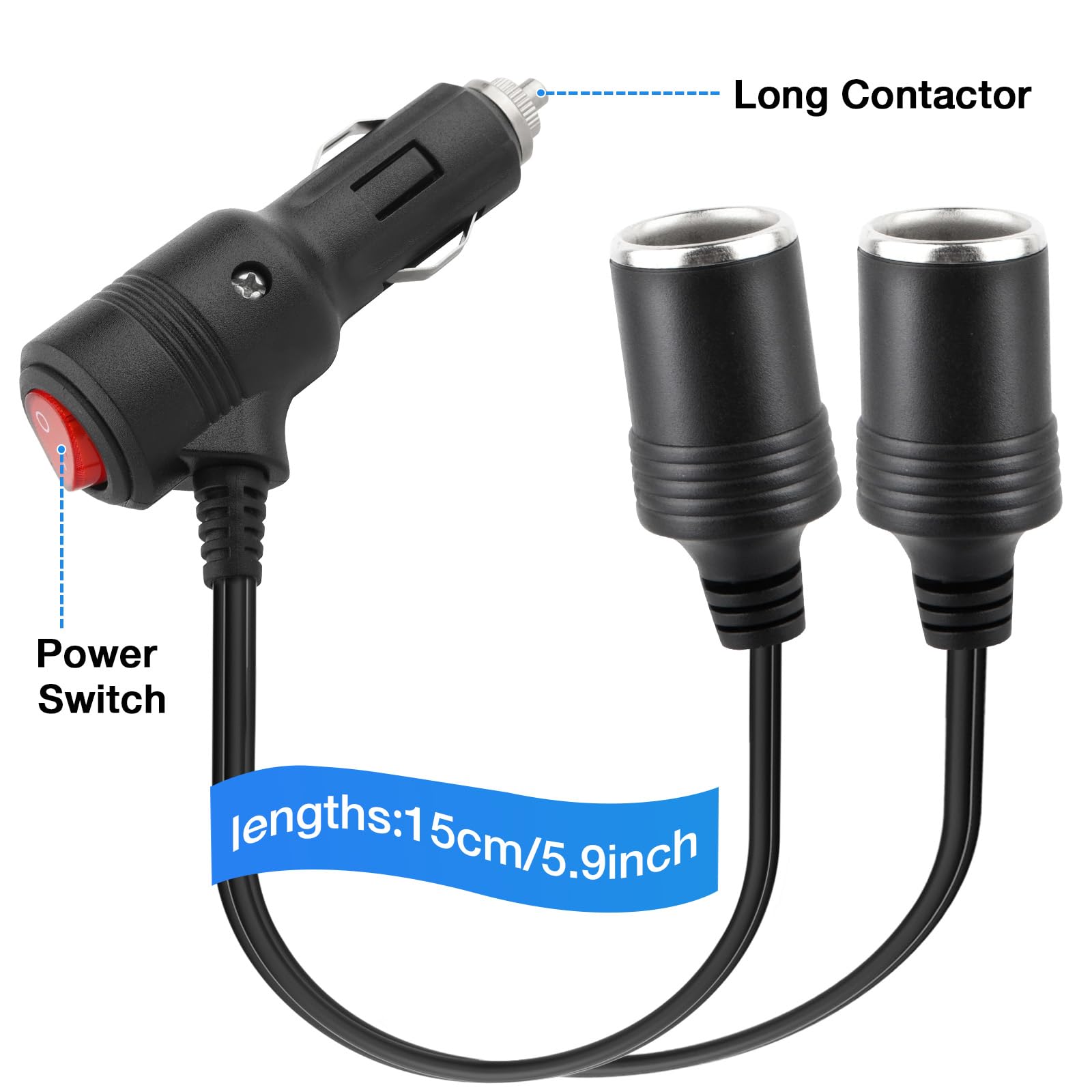 1 do 2 przedłużacz do zapalniczki samochodowej, podwójna zapalniczka z przełącznikiem, 18AWG/15A Zapalniczka samochodowa z bezpiecznikiem, 12 V/24 V adapter złącza samochodowego, łodzi (15 cm)