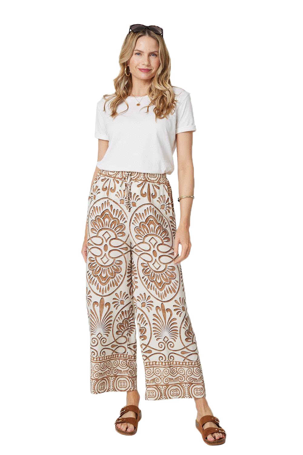 Izabel London Printed High Waist Wide Leg Trousers Beige Size 8