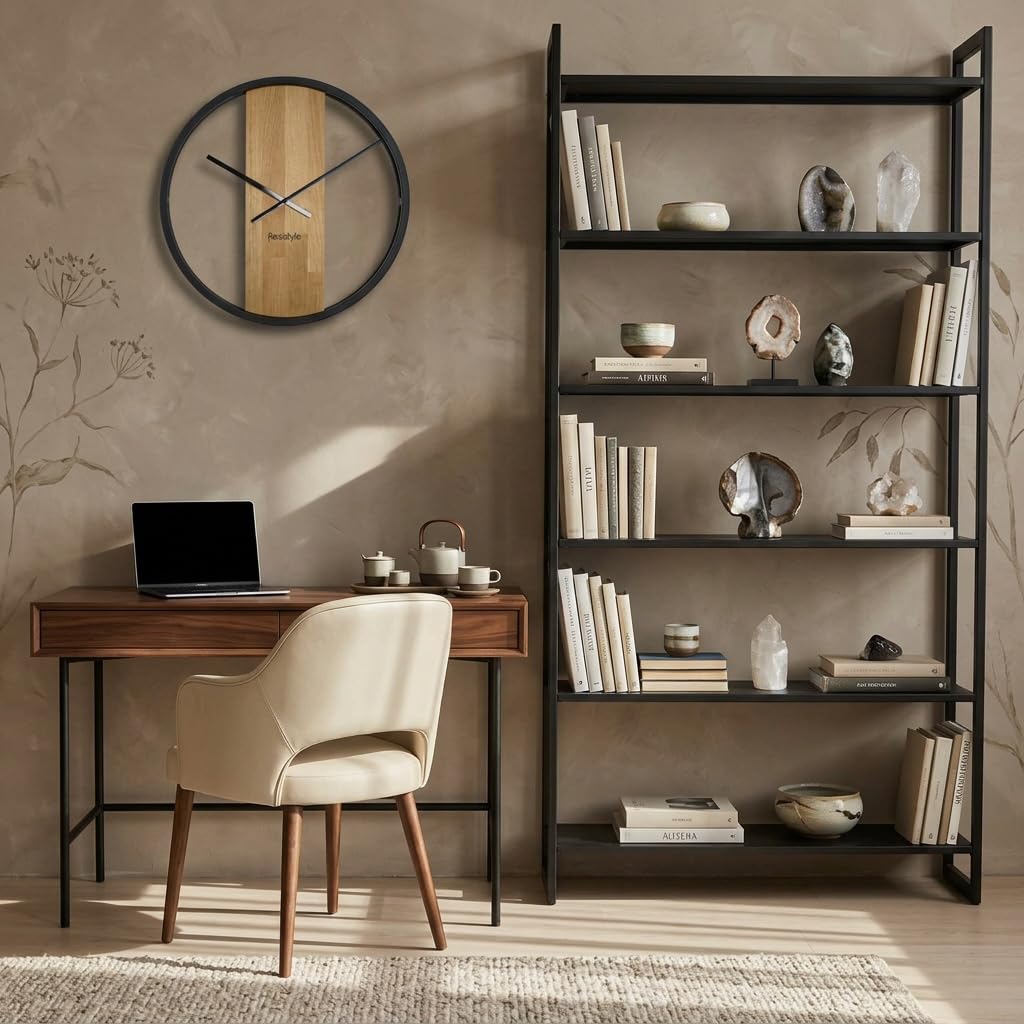 FLEXISTYLE Reloj de Pared Grande sin Ruido de tictac, Ovalado, de Metal, Negro, 3D, XXL, Moderno, de Madera, para baño o Sala de Estar (50 cm de diámetro)