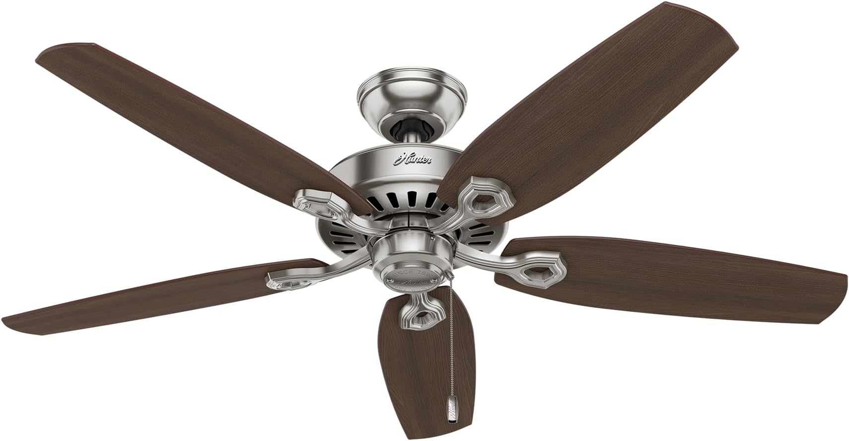 52 inch Indoor Ceiling Fan No Light with Pull Chain - Ceiling Fan without Light, Standard Mount, 5 Blades, For Bedroom, Living Room, or Kitchen - Builder Elite 53241, Brushed Nickel