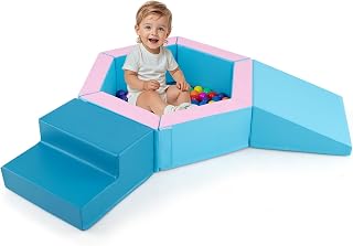 Costzon Climbing Toys for Toddlers 1-3 Inside, Ball Pit and Foam Blocks Activity Set with 100 Colorful Ocean Balls for Indoor Crawling Sliding Playing, Kids Soft Play (40" x 40",Blue & Pink)