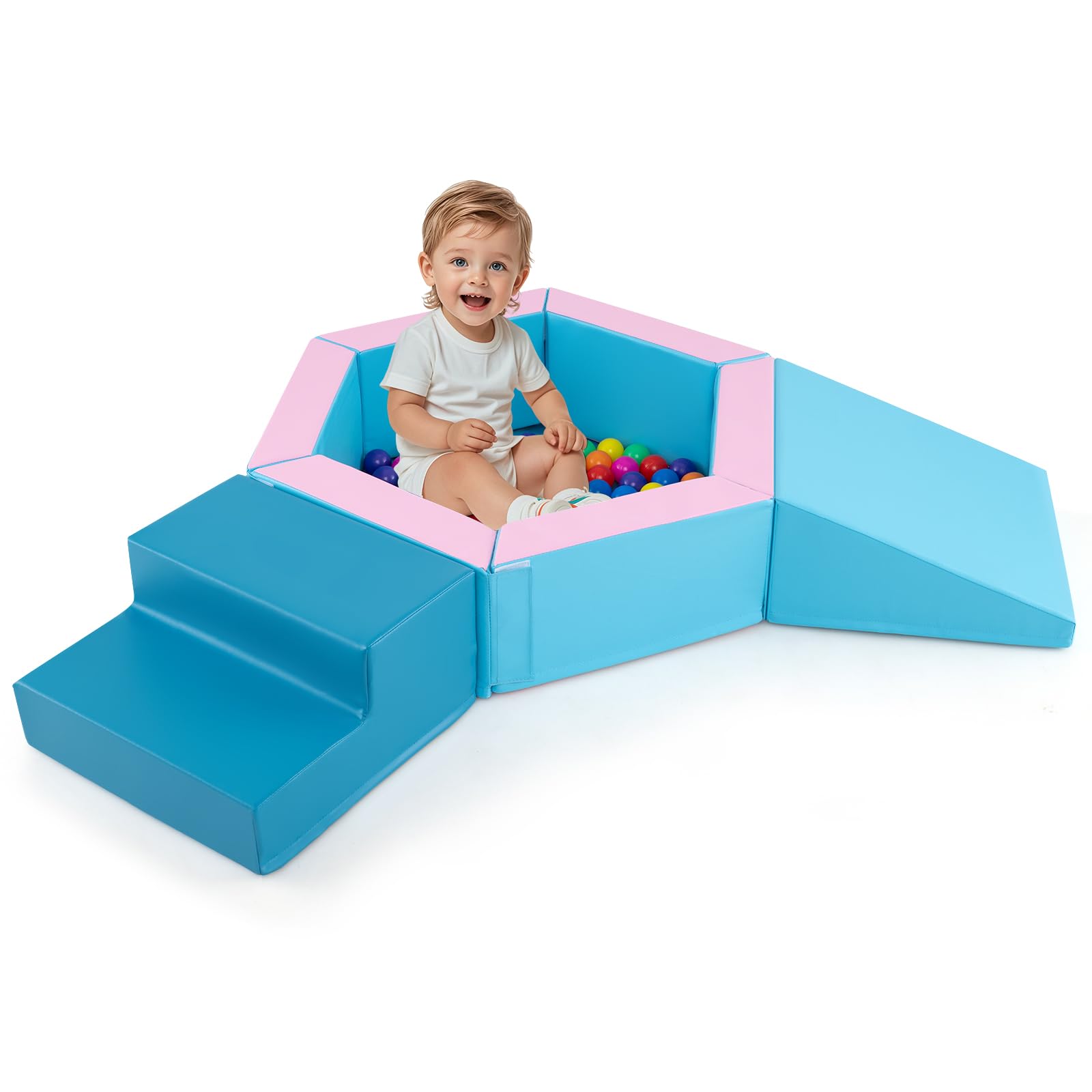 COSTWAY 3-Piece Soft Play Climbing Blocks, Baby Foam Climb and Crawl Playset with Ball Pit and 100 Colorful Ocean Balls, Playground Montessori Toy for 1+ Years Old (Blue+Pink)