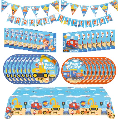 Treasures Gifted Officially Licensed Blippi Birthday Party Supplies Vehicle - Serves 16 Guests - Complete Set Blippi Party Supplies - Birthday Decorations - Dinnerware Set & More