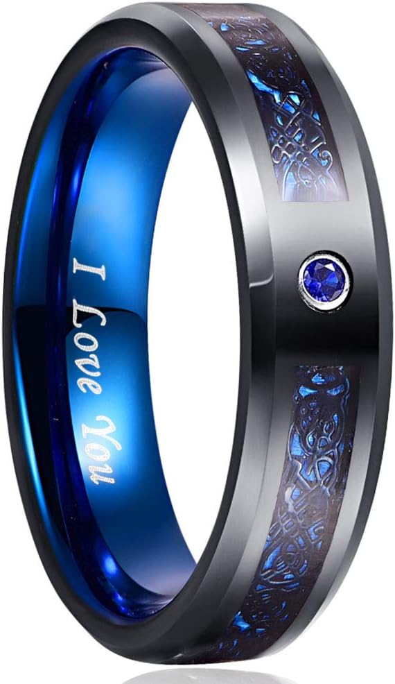 NUNCAD 6mm/8mm Tungsten Carbide Ring for Men Women Black Celtic Dragon and Blue Carbon Fiber Inlay Wedding Band Size 7-17