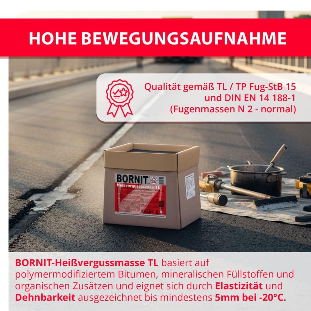 BORNIT Heißvergussmasse TL Fugenverguss für Asphalt und Beton 25 kg | Reparaturmasse mit hoher Bewegungsaufnahme, unempfindlich gegen Wasser und Tausalz