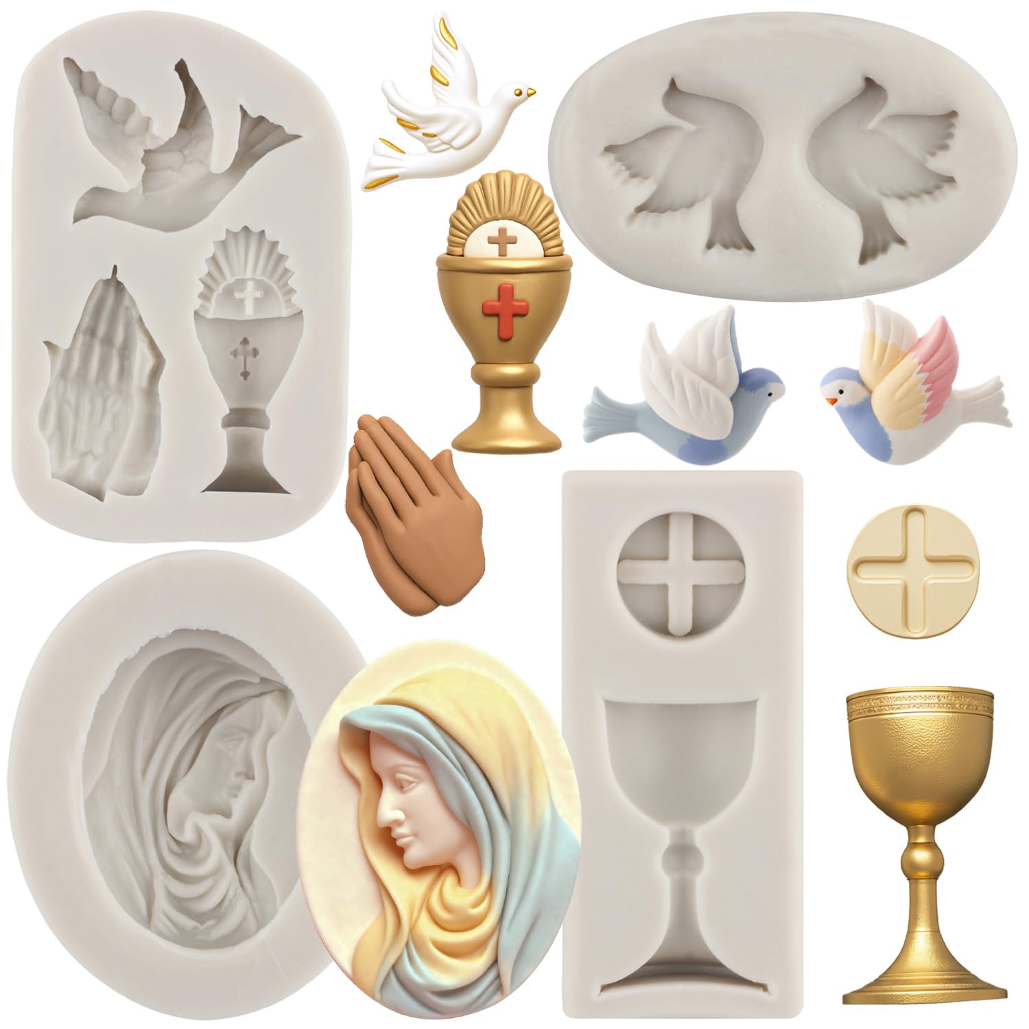 MYPRACS Baptism Cake Decorations Mould Baptism Silicone Mould Communion Chalice Peace Dove Nun Fondant Mould for Baptism Cake Decorating Cupcake Topper Candy Chocolate Gum Paste Polymer Clay Set of 4