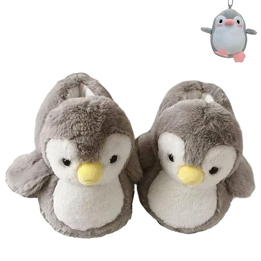 LELEBEAR Cute Penguin Slippers for Women, Animal Slippers for Adults, Soft Plush Warm Home Indoor Slippers with Keychain (Grey, 9-11/8-10Men（28cm）)