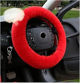 Car Steering Wheel Cover Fluffy Soft Fur Leather Car Steering Wheel Cover Universal for Women Men 14 1/2 Inch Soft Accessories (Red)