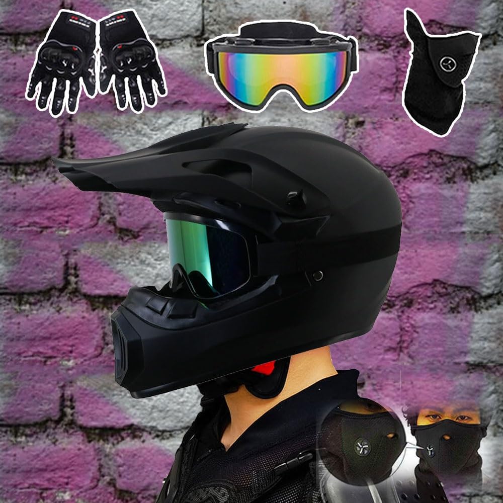 Jugend Erwachsene Elektro Dirt Bike Motorrad Helm Set für Jungen Mädchen Quad Bikes BMX MTB ATV Offroad Helm mit Schutzbrille Handschuhe Maske DOT Genehmigt