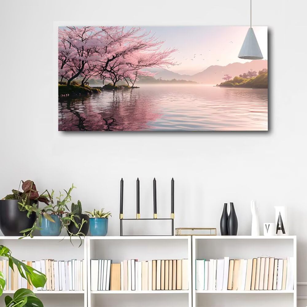 Malen nach Zahlen Kirschblüten Malen nach Zahlen Erwachsene Groß 80x160cm,Paint by Numbers See Malen nach Zahlen Kinder,DlY Handgemalt Ölgemälde Knitterfreie Leinwand Bastelset,Deko Wohnzimmer Q-826