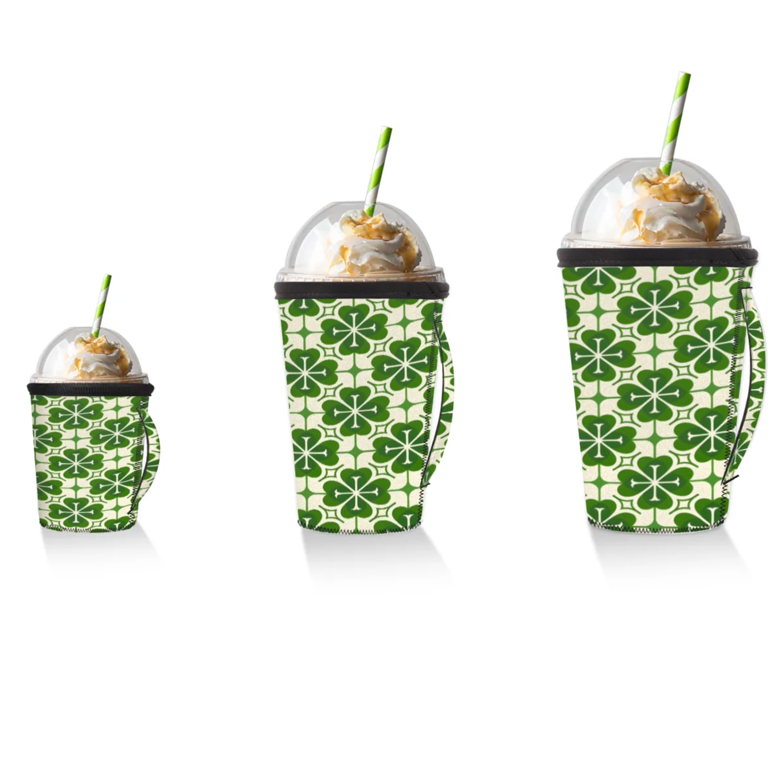 Four Leaf Clover Pattern Reusable Neoprene Coffee Sleeve with Handle Insulated Iced Coffee Cup Holder Reduces Condensation Fits 24-28 oz Cups M