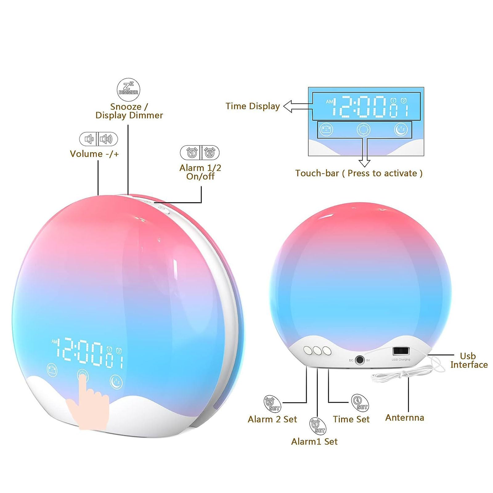 Réveil doux avec simulation de lever du soleil et éclairage de couleur arc-en-ciel, contrôle tactile, lampe LED pour chambre à coucher, lampe de chevet