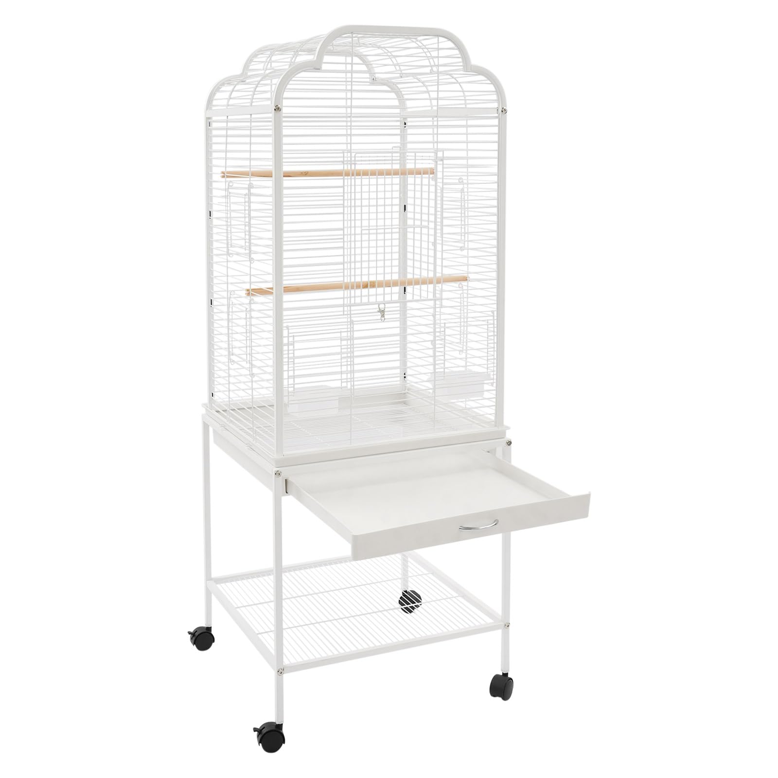 Pajarera grande con 2 cajas de comida, color blanco | Jaula para pájaros con 4 ruedas (2 frenos), con 3 sillas de madera, para pájaros pequeños y medianos (48 x 46 x 134 cm)
