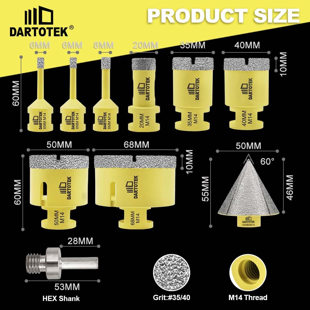 Diamond Drill Bits Set 10pcs, 8pcs 6/6/8/20/35/40/50/68mm M14 Hole Saw, 50mm Beveling Bit - Image 4