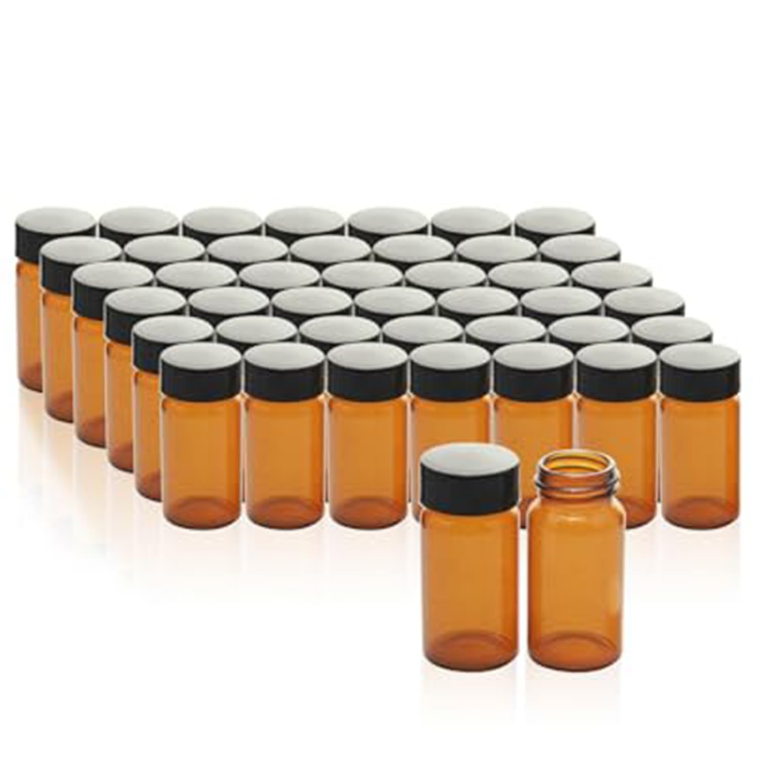 ALWSCI 100 pezzi 20mL Ambra Vetro Fiale Bottiglie Campione 24-400 Nero Chiuso Top PP Cap, PE Liner Campione Contenitore Laboratorio Bottiglia Fiala Olio Liquido Bottiglia 27.5x57mm