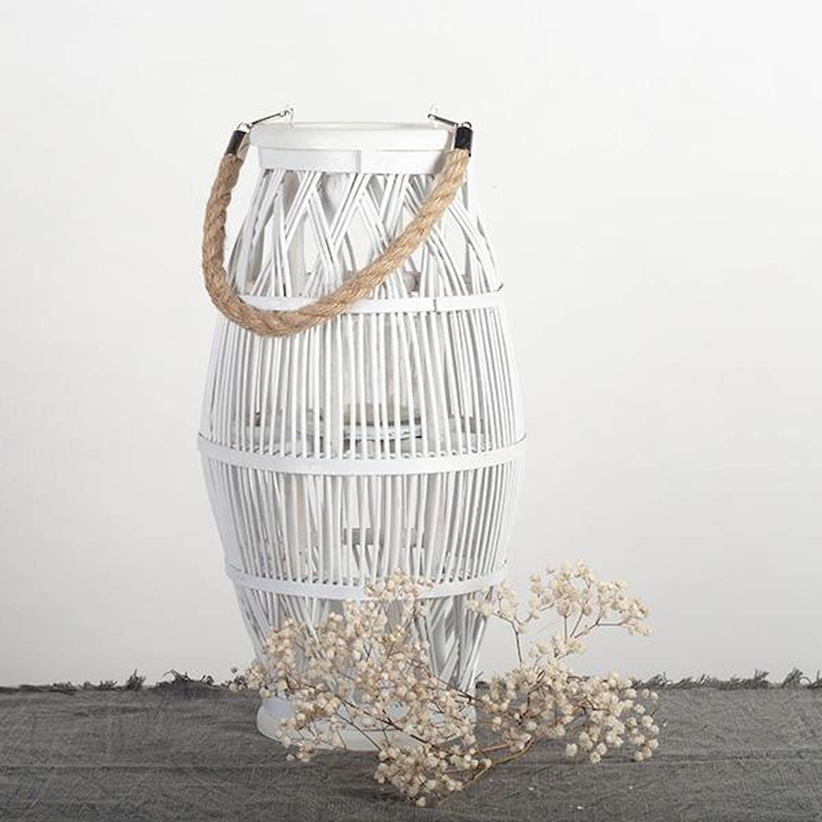 Willow with Rope Handle White Candle Lantern