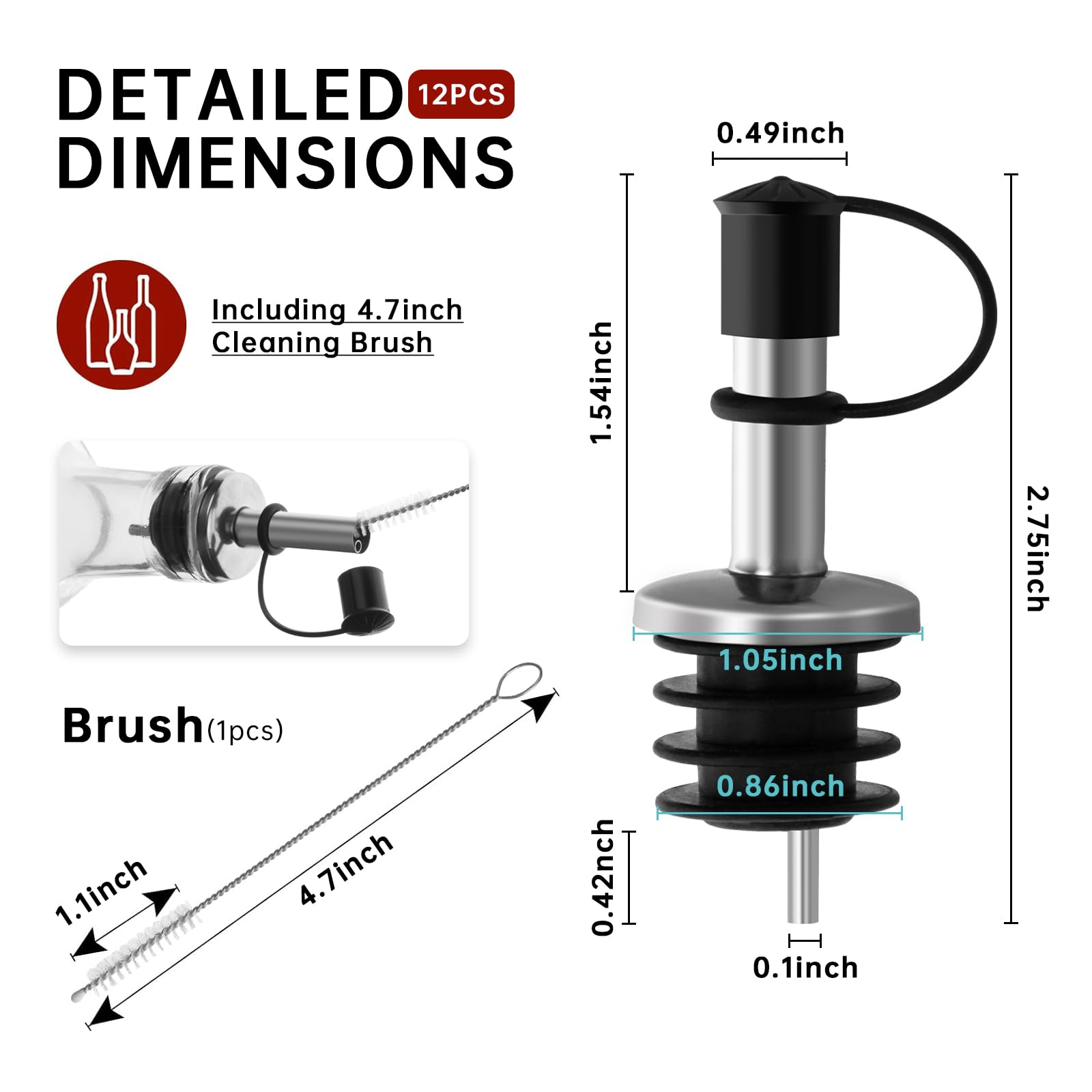 12Pcs Stainless Steel Bottle Pourers, Small Hole Bottle Olive Oil Spout with Rubber Dust Caps, Wine Pourers Liquor Pour Spouts for Pours Liquid, Wine, Vinegar, Most Liquor Bottles