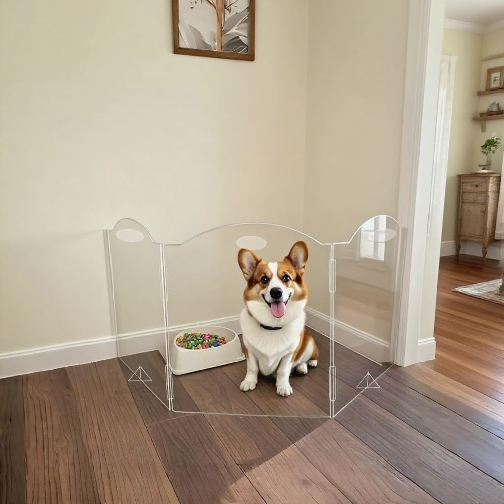 Clear Freestanding Dog Gate - 3 Panel Foldable Pet Gate for Doorways No Drilling Needed, Transparent Puppy Fence with Support Feet, Indoor Dog Barrier for Home Safety (60" W x 23.5" H) 3 Panels:60''Wx 23.5''H