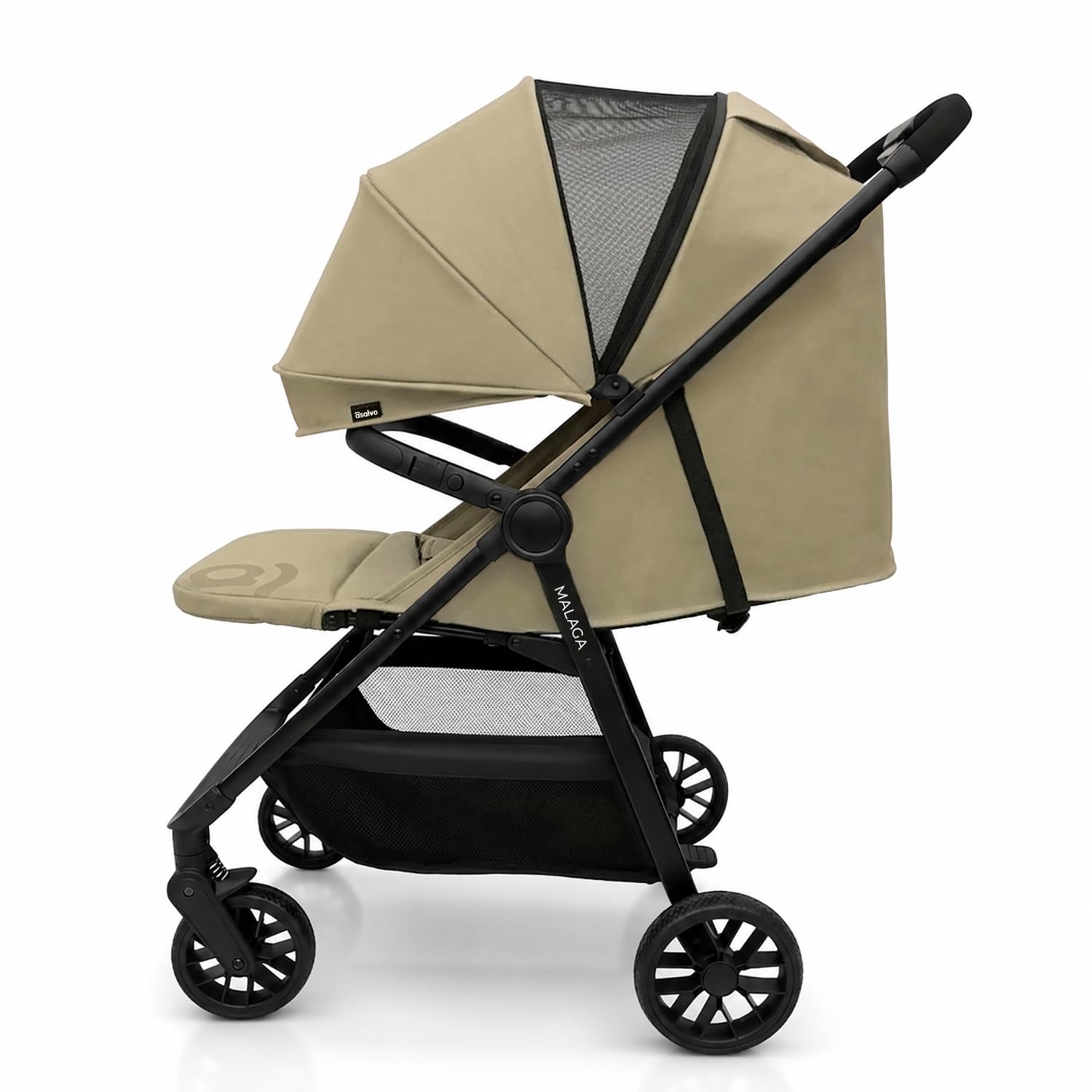 Poussette pliante livre à une main. Dès 0 mois - 22 kg avec harnais 5 points, capote UPF 50+ et roues avec suspension - Homologuée EN 1888-2 - Asalvo Malaga (beige)