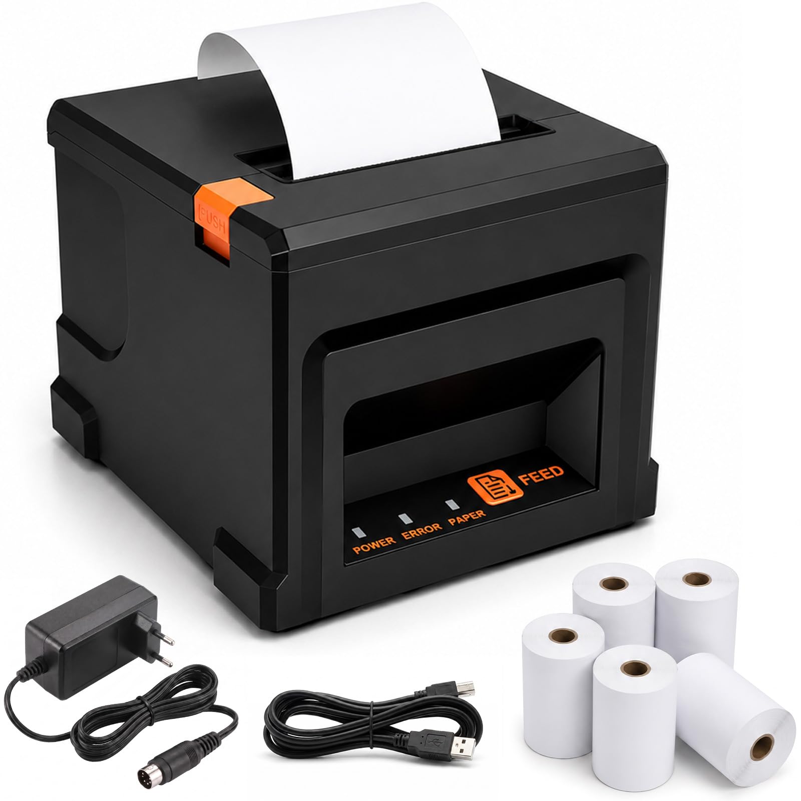 Drukarka termiczna 220 mm/s – drukarka bonów z automatyczną obcinarką do papieru, USB, bezgłośna i cicha praca, do systemu Windows/Mac, w zestawie 5 rolek papieru termicznego 80 mm, do handlu