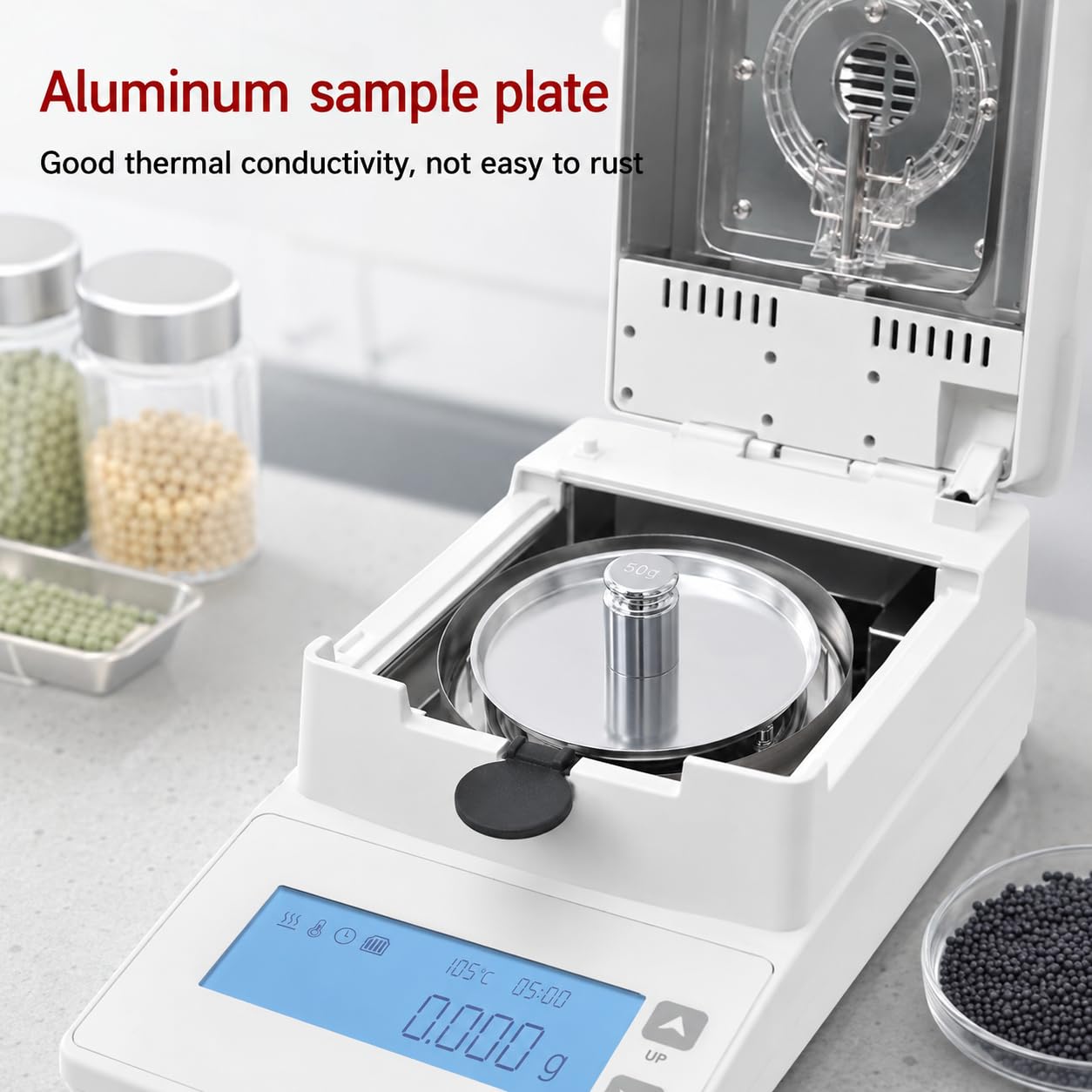 Analizador de humedad halógeno, capacidad de 110 g, precisión de 0,01 g, pantalla LCD para agricultura, medicina, pruebas de plástico y aplicaciones de laboratorio
