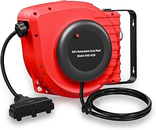 Retractable Extension Reel, 50FT Heavy Duty 14AWG/3C SJTOW Power Cord with Triple Tap Outlet, 13 Amp Circuit Breaker 180Â° Swivel Bracket Wall/Ceiling Mounted for Garage, Workshop