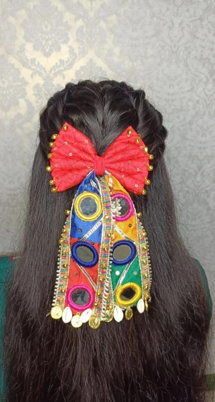 ARPK Ethnic Hair Accessories for Women & Girls | Traditional Mirror Work Hair Clip with Bow | Handmade Gujarati Style Hair Decoration | Festive & Wedding Hair Jewelry (Multicolor) (ITEM D)