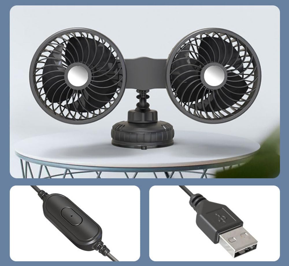 BININBOX 360° Drehbarer Doppelkopflüfter mit Saugnapf Universell 5/12/24V Geräuscharm 3 Geschwindigkeitsstufen für Auto und Tisch (5V (USB))