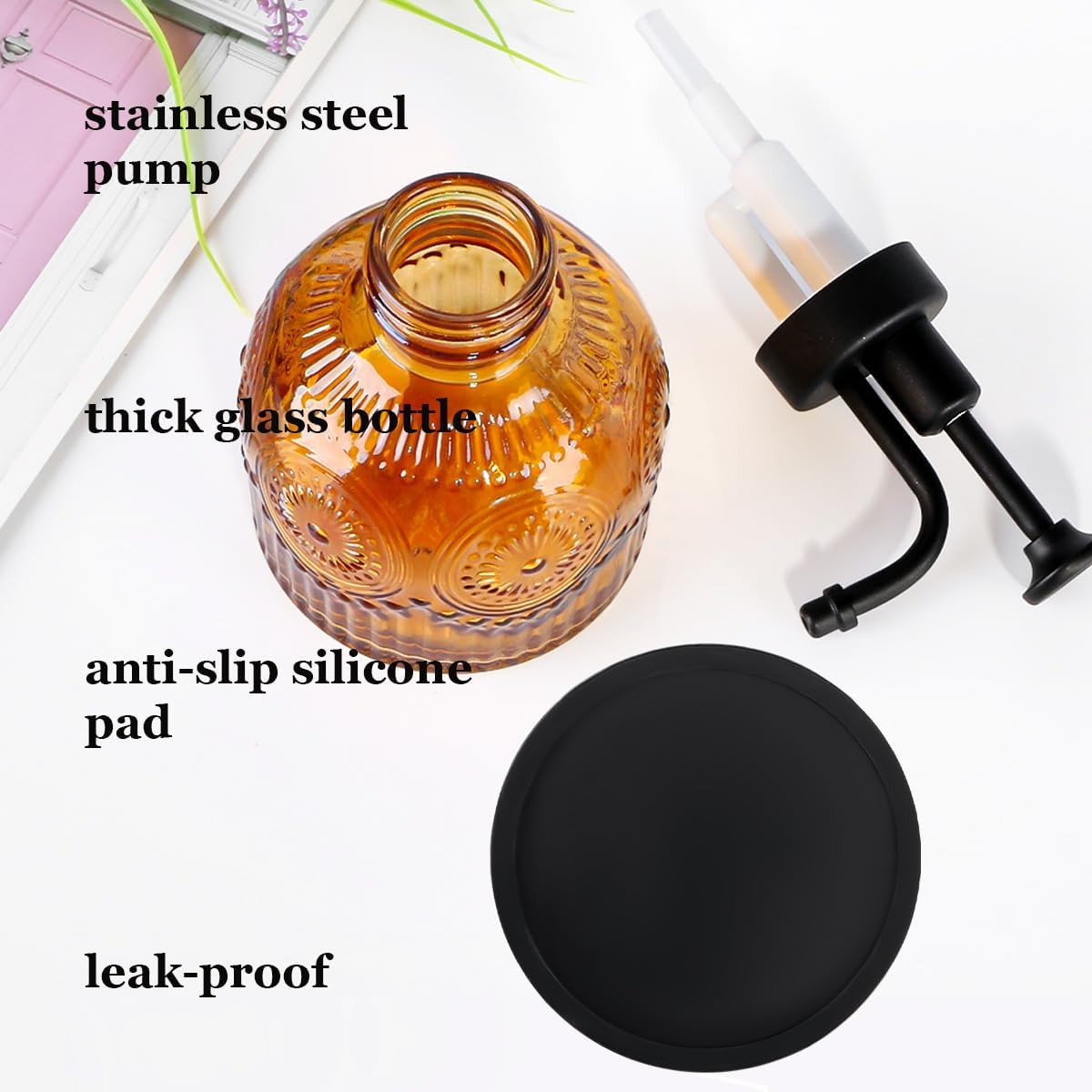 Vintage Soap Dispenser with Black Stainless Steel Pump, Amber Glass Dish Soap Dispenser, Refillable 8Oz Lotion Dispenser for Bathroom and Kitchen Decor
