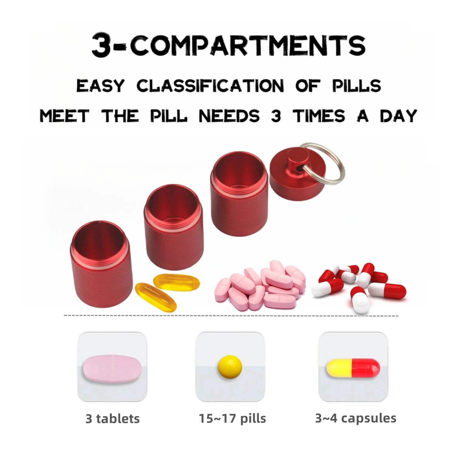 Pillendose mit Schlüsselanhänger, wasserdicht, kompakt, tragbar und sicher mit 3 Fächern, Pillendose im Taschenformat und Behälter für tägliche Medikamente unterwegs (Weinrot)