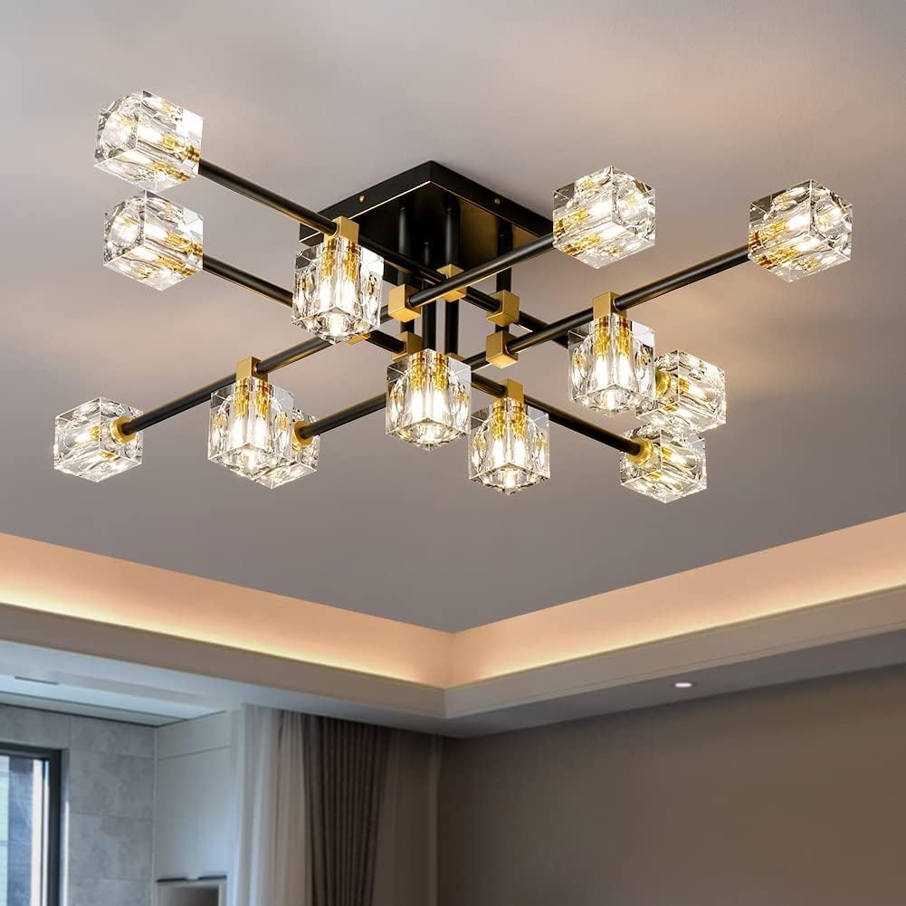 13-Lights Modern Crystal Living Room Light Fixture,Black and Gold Modern Crystal Chandelier,Semi Flush Mount Ceiling Light Fixture,Sputnik Chandeliers for Dining Room Kitchen Bedroom
