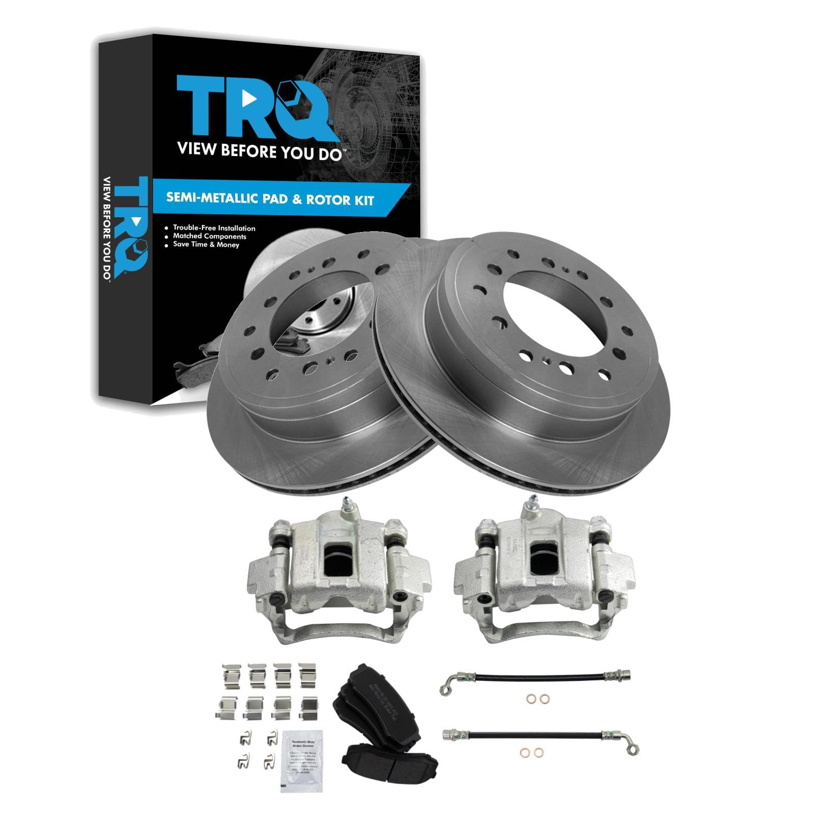 TRQ Rear Brake Pad and Rotor Set Semi Metallic Calipers Compatible with 2010-2021 Lexus GX460 2010-2020 Toyota 4Runner