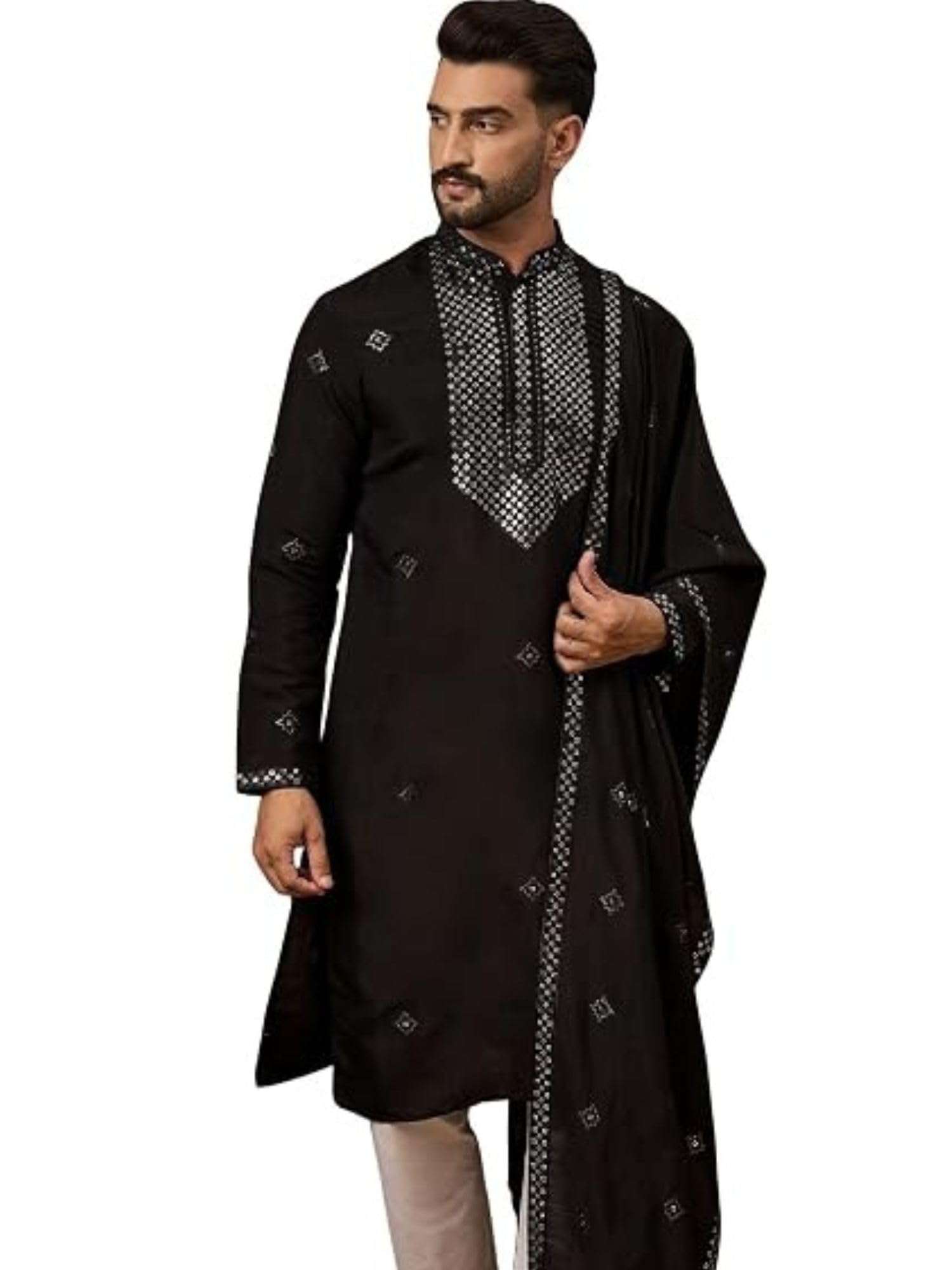 ethnic bay Men'S Black Silk Blend Solid Embroidered Design Calf Length Kurta Set | Men'S | Embroidered Design Kurta Set For Men | Straight Fit Kurta For Men-picture-38