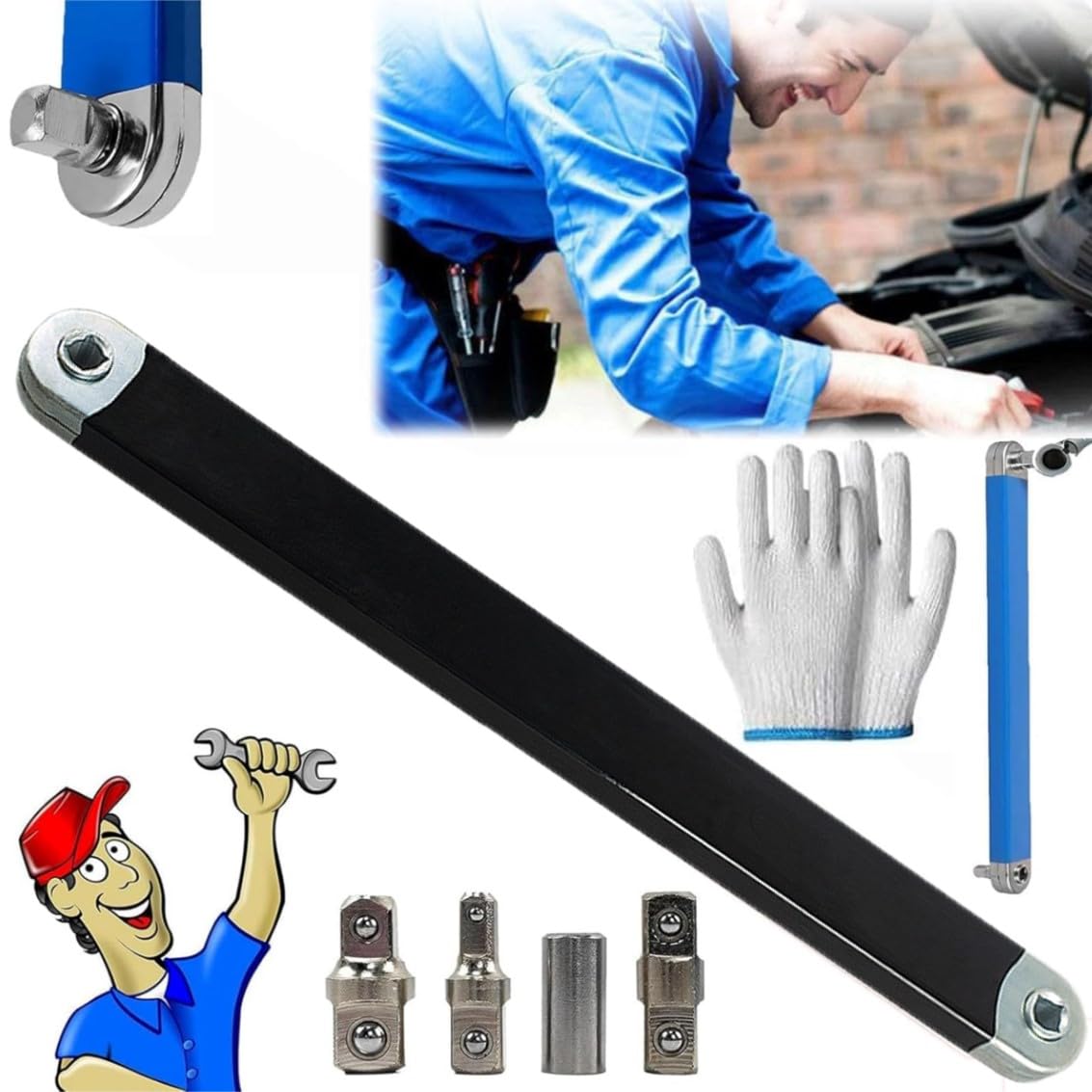 Pro Zero Offset Extension Wrench 2024 Best Offset Extension Wrench Tight Reach Extension Wrench Set Multifunctional Ratchet Extension with 1/2" 1/4" 3/8" Drive Adapters (Black 1pcs)