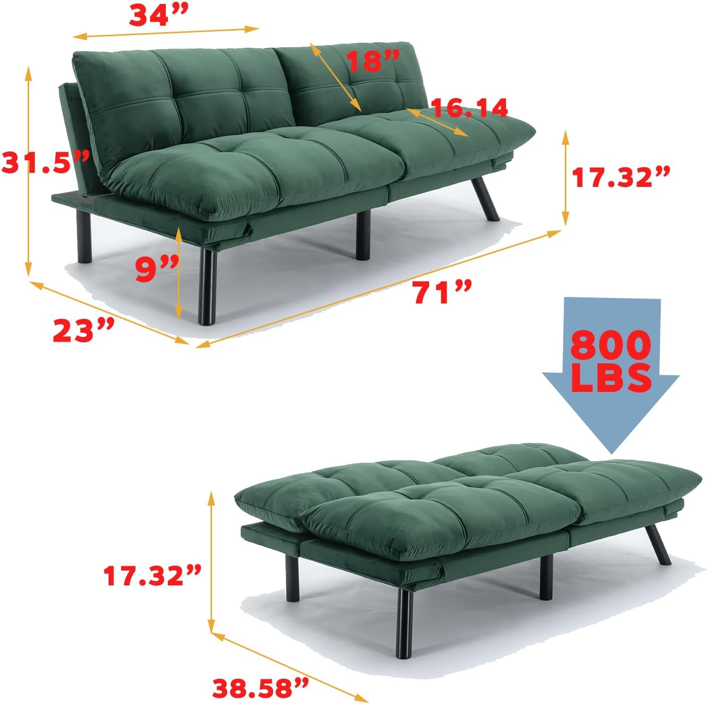 70" Futon Sofa Bed, Modern Convertible Loveseat Double Sofa&Couch with Adjustable Backrest and Armrests,Folding Sleeper Recliner with Metal Legs for Living Room Bedroom Apartment (Emerald)