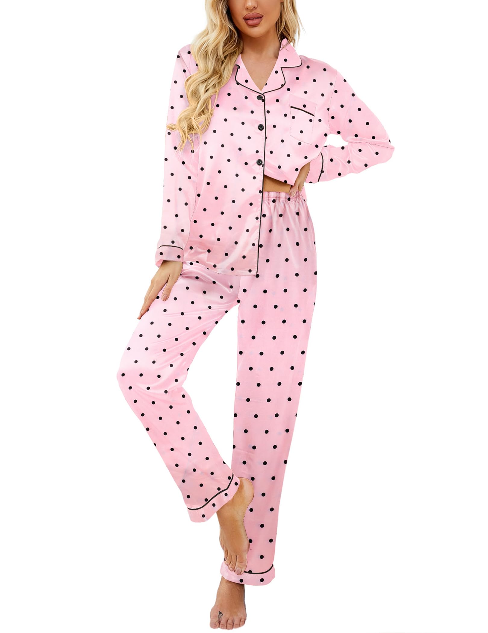 Womens Satin Pajama Set Classic Pattern Silky Pj Sets Button Down Sleepwear Loungewear