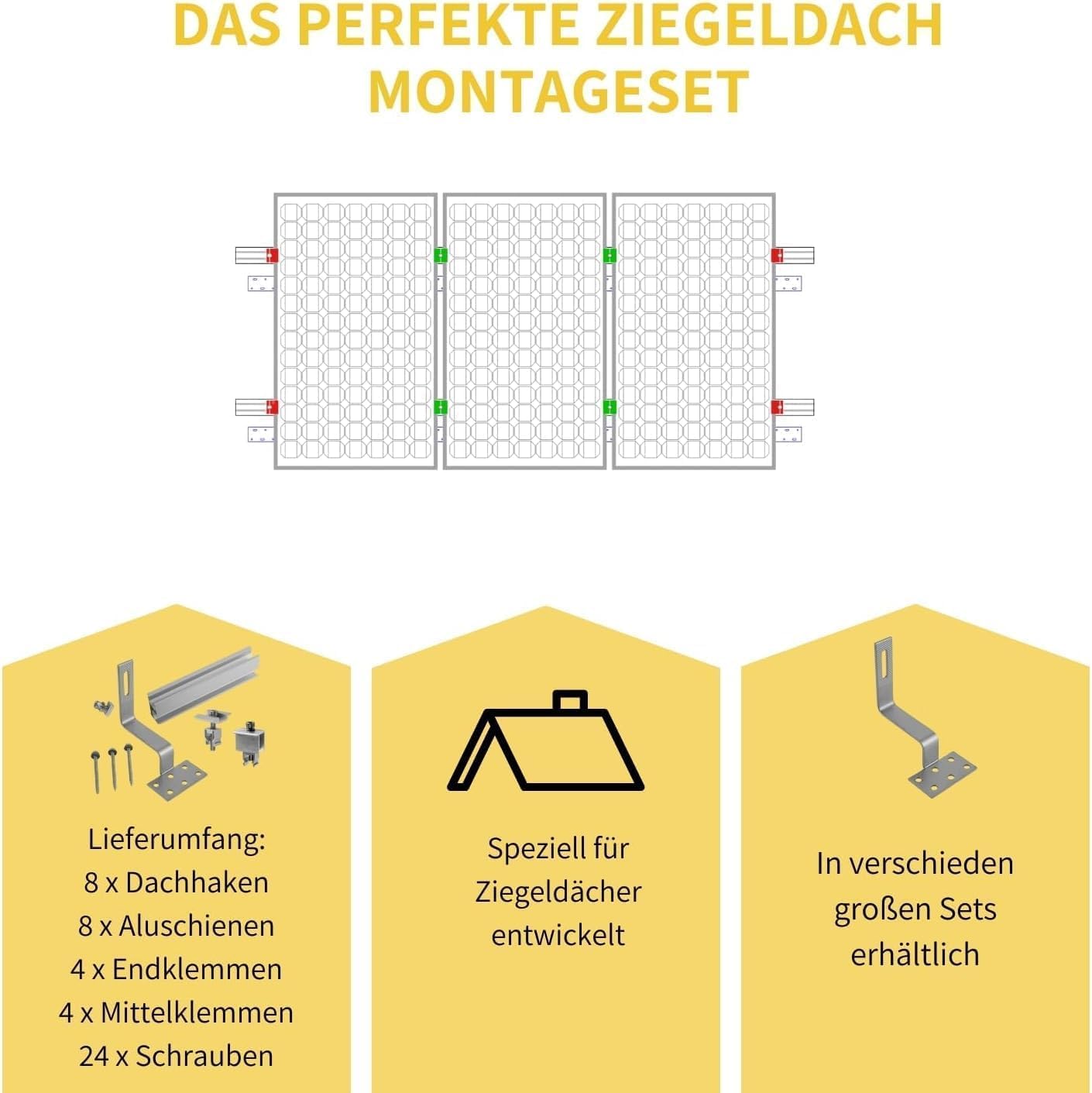 Solar Halterung Ziegeldach I Set für 4 PV Module 30-40mm I Solarmodul Halterung Balkonkraftwerk I Solarmodulbefestigungsset für Ziegeldächer aus Edelstahl 1.4301