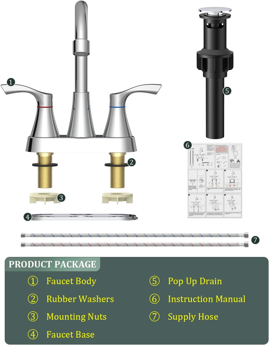Chrome Bathroom Faucet 3 Hole, Evolvegoods 4 Inch Stainless Steel Bathroom Sink Faucet, 2 Handle Centerset Faucet for Bathroom Sink Vanity, with Pop Up Drain and 2 Supply Hoses