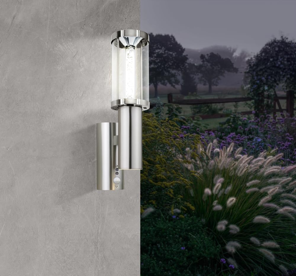 EGLO LED Außen-Wandlampe Trono Stick 2 flammige | Außenleuchte inkl. Bewegungsmelder, Sensor-Wandleuchte aus Edelstahl, Glas und Kunststoff, Silber, GU10 Fassung, IP44