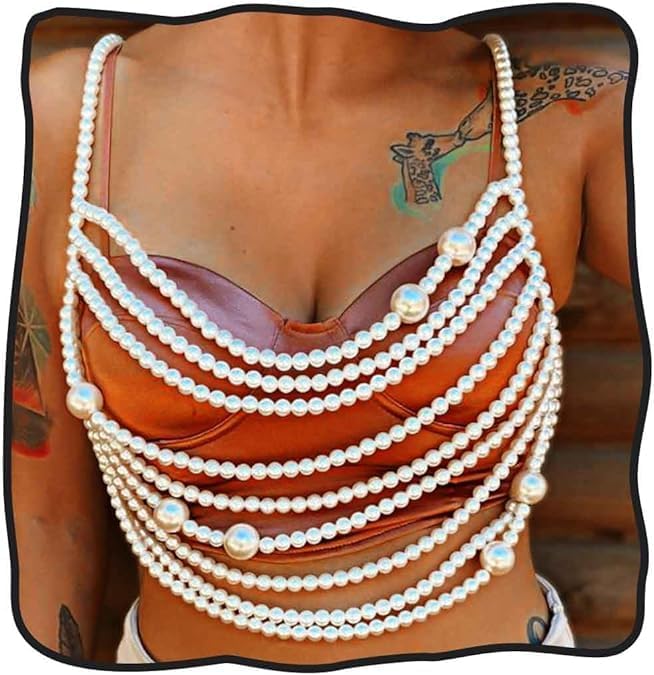 Pearl Body Chain Shoulder Necklace Pearl Top Bikini Pearls Shoulder Chains Bra Chain Jewelry for Women Rave Nightclub Party Body Accessories Sexy Bra Chain (9 line) - Image 2