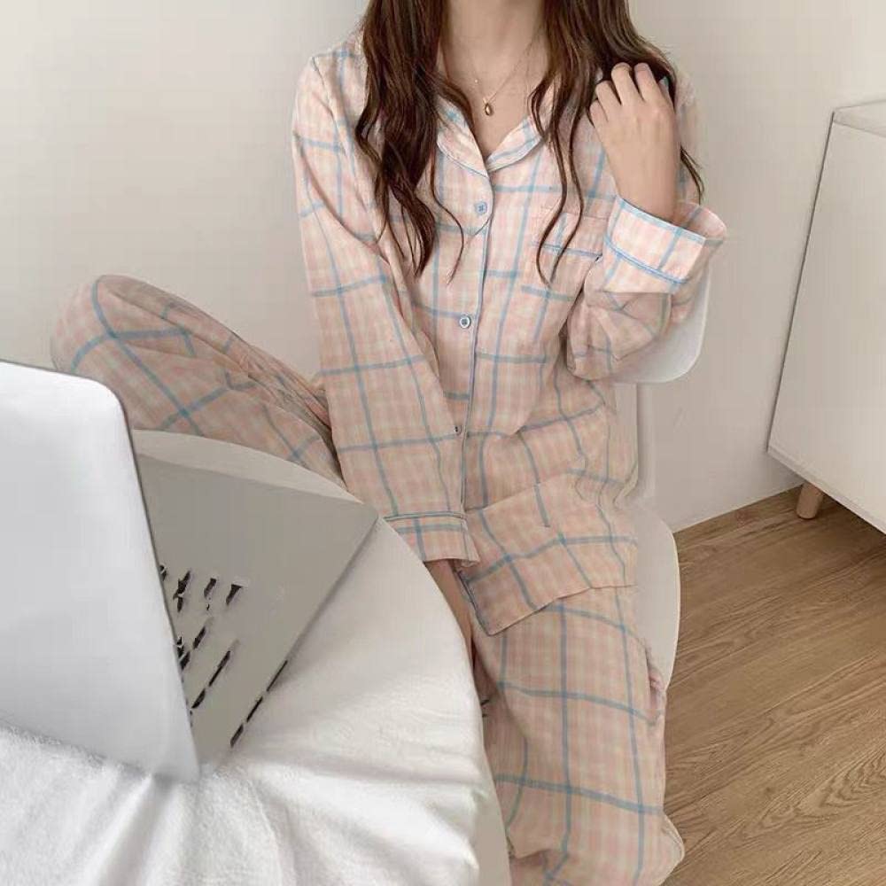 Pijamas para Mujer Conjunto De Pijama De Poliéster con Solapa A Cuadros Azul Polvo para Mujer Pijama De Manga Larga Simple Regular Suelto para Mujer Conjunto De Dos Piezas Regalo De Festival Adecua