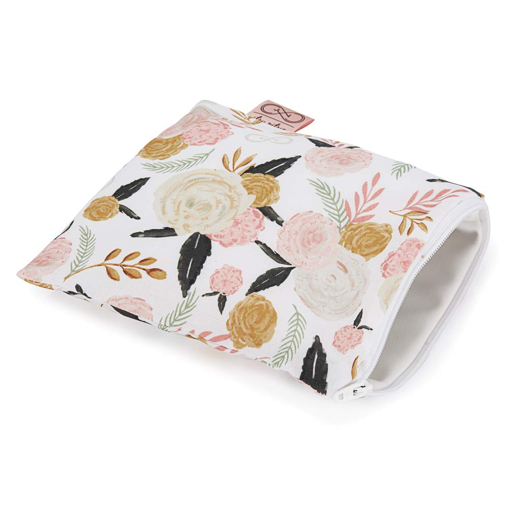 Chelsea + Cole For Itzy Ritzy Reusable Snack Bag; 7" x 7" BPA-Free Snack Bag is Food Safe, Washable & Ideal For Storing Snacks, Pacifiers & Electronics in a Diaper Bag, Purse or Luggage, White Floral