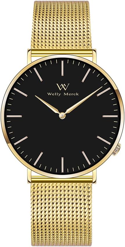 Welly Merck Swiss Movement Sapphire Crystal Women Luxury Watch Minimalist Ultra Thin Slim Analog Wrist Watch 18mm Gold Stainless Steel Mesh Band in White 36mm 164ft Water Resistant (Black)