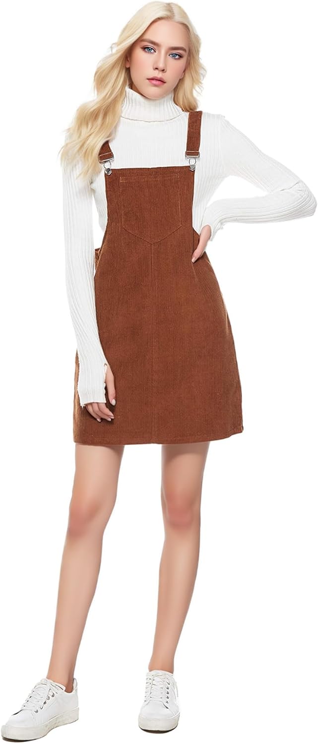 BIGPETS Women's Adjustable Straps Cuffed A-line Corduroy Pinafore Bib Pocket Overalls Dress - Image 4